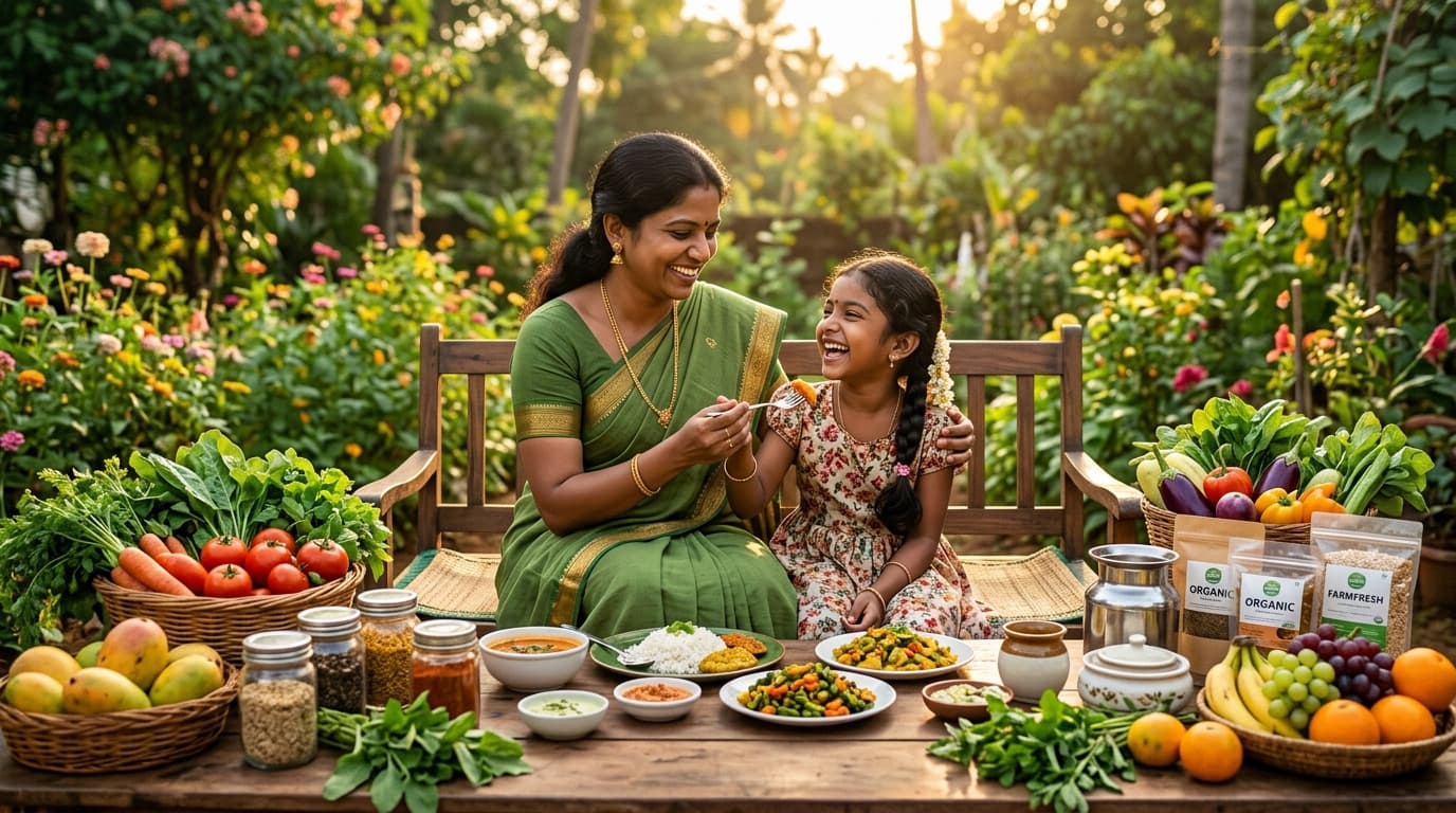 Happy family enjoying organic food together