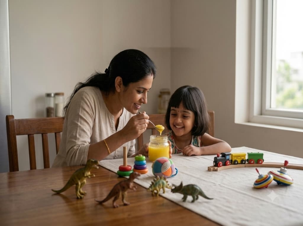 Mother feeding pure golden ghee to elder daughter, inspiring Elai Organics